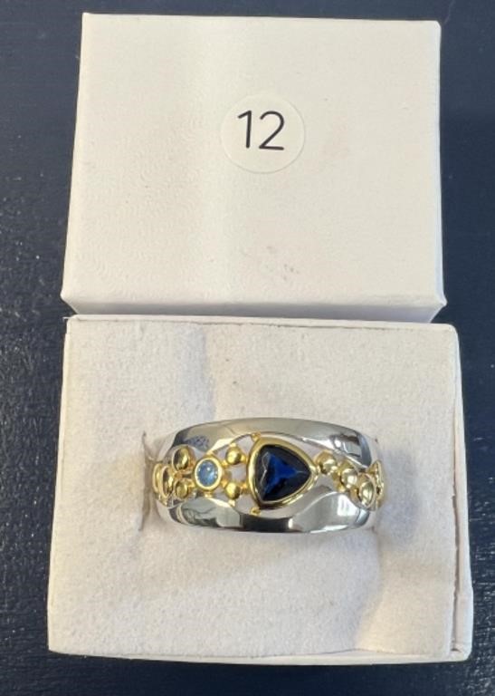 Silver & Brass with Sapphire Stone Sz 10 U230