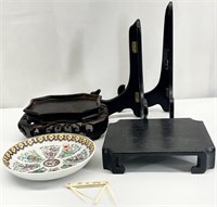 Asian Wood Stands, Porcelain Bowl & Tool