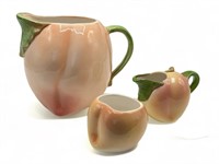 Vintage ceramic peach pitcher, sugar bowl and