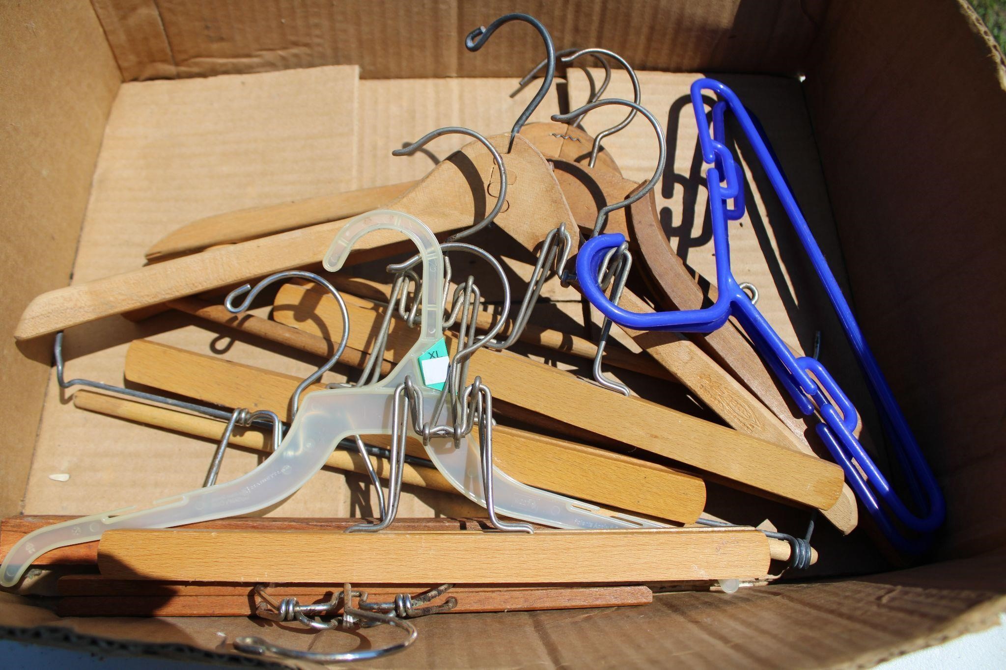 Box of Wood and Plastic Hangers