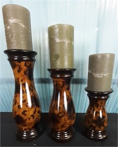 3 Black & Amber Pillar Candle Holders With