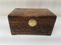 Heavily Carved Asian Inspired Wooden Jewelry Box