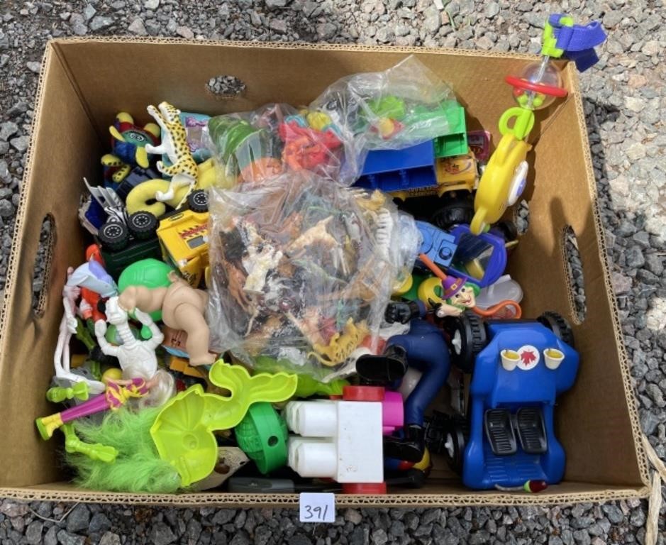 BOX LOT OF CHILDRENS TOYA WITH TRUCKS AND MORE