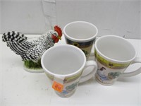 Rooster Figurine and Mugs