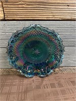 Vintage Blue Carnival Glass Ruffled Plate