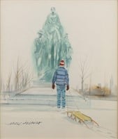 Jack O'Hara Watercolor of Boy w/ Sled