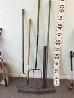 pitch forks, garden rakes, post pounder