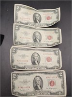Lot of 4 1953 Red Seal $2 Bills