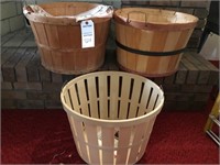 2 wooden bushel basket; plastic bushel basket (18"