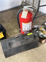 Metal toolbox, fully charged fire extinguisher