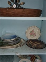 Shelf Lot if Misc. Plates & Carved Stone Bowl