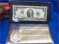 Bicentennial Dollars- Two Dollar Bill & Ike Dollar
