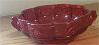 Jeanette Glass Aztec Rose Red Handled Bowl 8"
