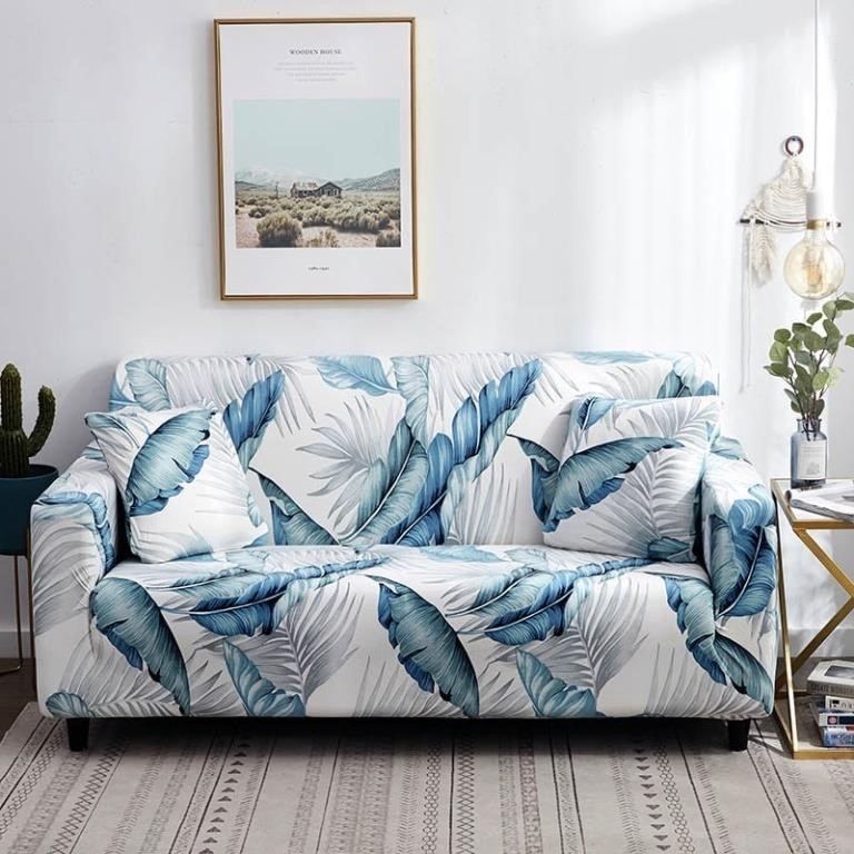 Blue / White Palm Leaf Pattern Sofa Couch Cover.