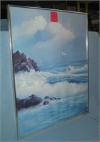 Framed aluminum and glass ocean scene art work