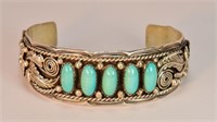 Indian Sterling & Turquoise Cuff Signed "SC"