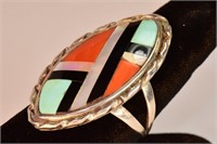 Indian Silver Inlay Zuni Ring Signed Boone