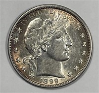 1899 Barber Silver Half About Uncirculated CH AU