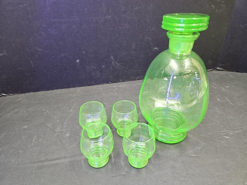 Uranium Glass 7 1/2" Decanter & Shot Glasses