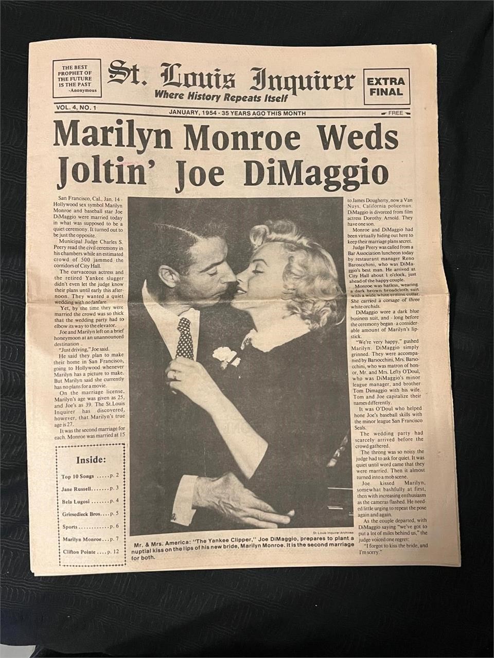 St Louis Inquirer  1954 Marilyn Monroe - Dimaggio