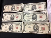 (6) Red Seal $5 Bills
