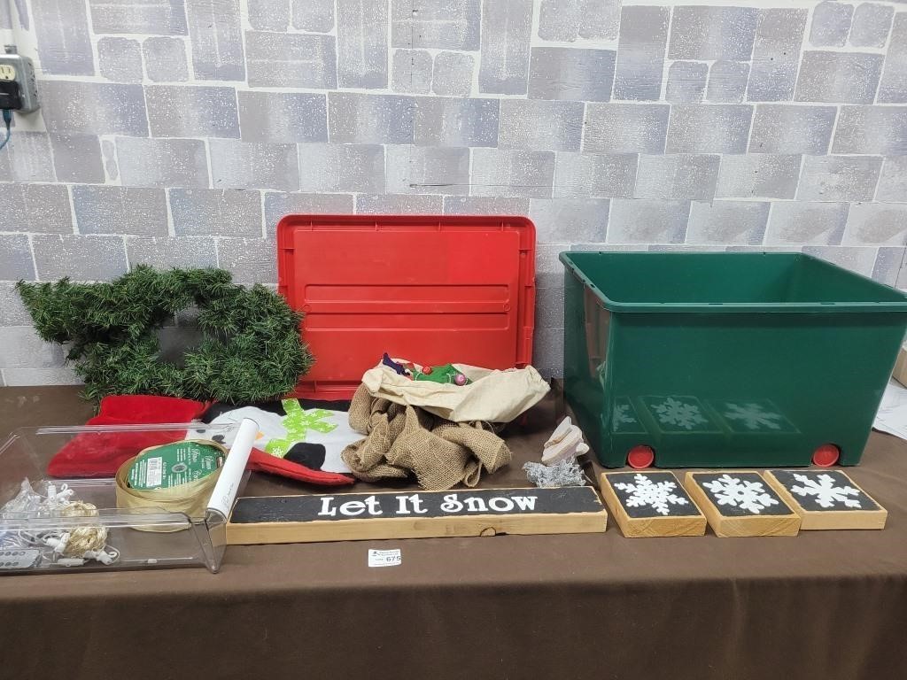 Christmas bin with xmas decor etc