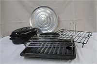 Roasting pan, shows use, two Pyrex 9" cake pans,