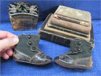 antique baby shoes & books - fancy hair clip