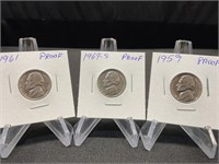 3 Proof Nickels 1959, 1961, 1969-S