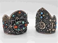 Kabyle Berber Coral & Turquoise Silver Cuffs