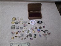 Lot of Collector Pins & Watch Parts w/ Wood Case