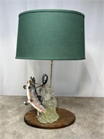 Fish sculpture table lamp with green lamp shade