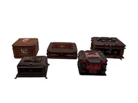 5 European Tramp Art Boxes, Wood