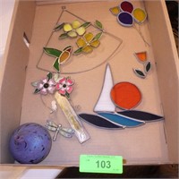 ASST. SUN CATCHERS, SIGNED BUD VASE / OIL LAMP?