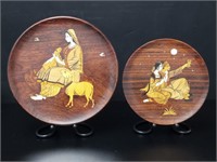 2 Mysore Inlaid Round Wood Cabinet Plates