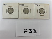 3 Roosevelt silver dimes 1948 1948S 1948D