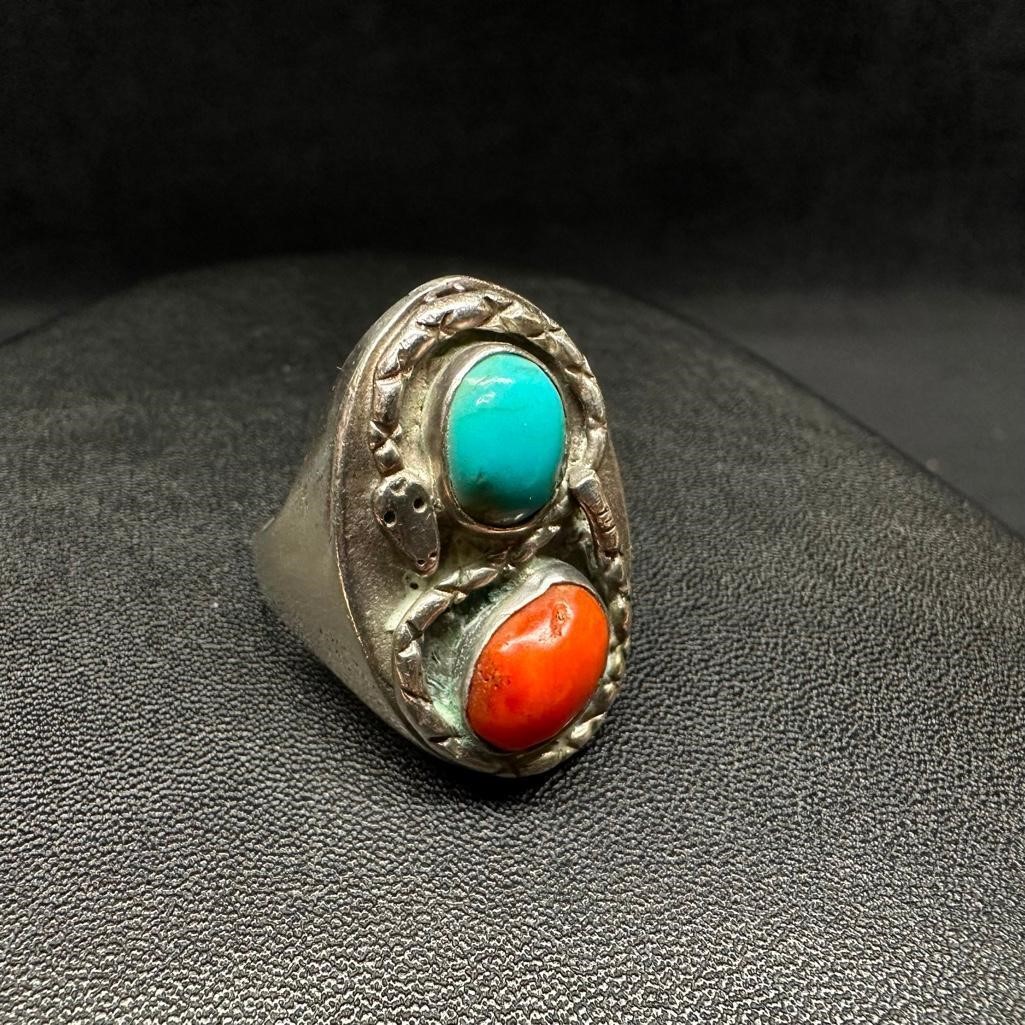 Sterling Navajo Style Snake Ring Turquoise & Coral