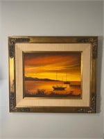 Rita Greenwald Sailboats at Sunset Oil Painting