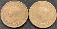 1870 - 1891 Ceylon Victoria one cent coins