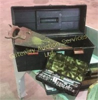 Tool Box, Socket Set, Clamps and Hand Saw.