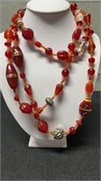 Vintage Red Glass Beads Necklace 43"