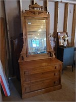 ANTIQUE CHESTNUT DRESSER W/ MIRROR & BED SET