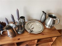 Pewter Pitchers, Platters, Candle Holder Lot