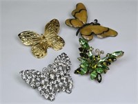 4 Butterfly Brooches: Czech, Rhinestones, Enamel