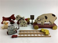 Wooden pull toy dog & pig, ice cream wind up toy,