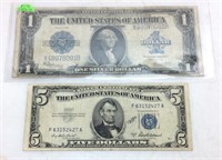 (2) BLUE SEAL SILVER CERTIFICATES 1923 $5 & 1