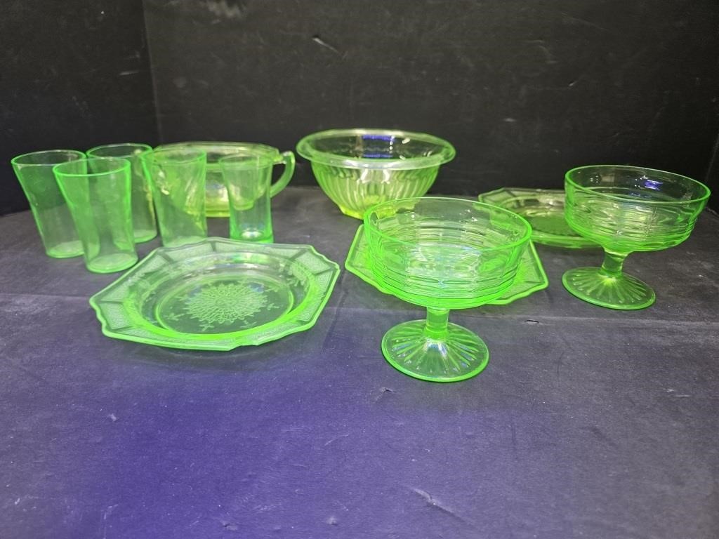 Uranium Glass 6" w Bowl, Etched Dishes & More