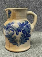 Blue decorated salt glazed pitcher, dated 1994