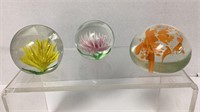 (3) Art glass floral paper weights