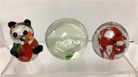 (3) Art glass paper weights. Flowers and panda